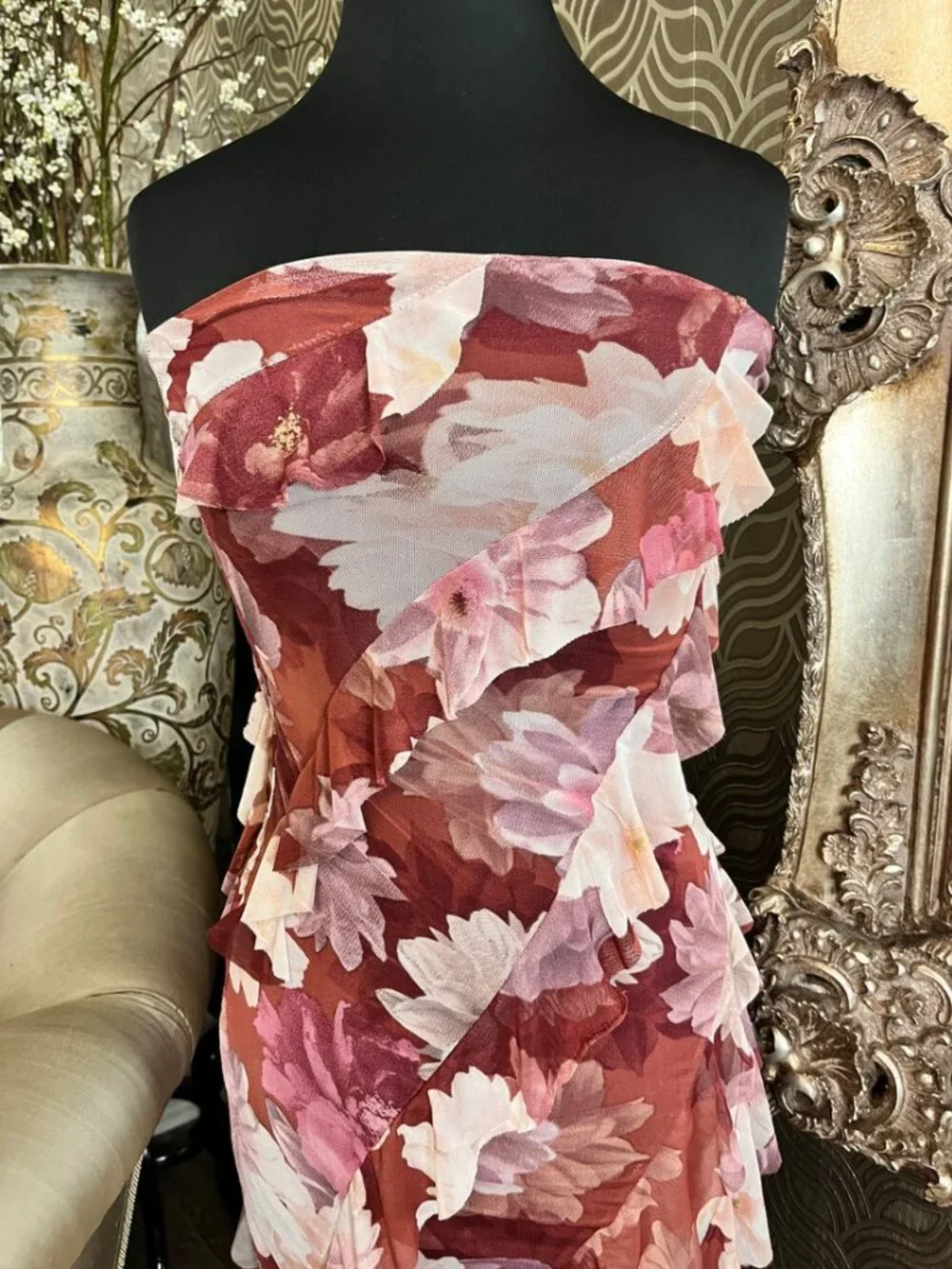 Paris Hilton floral ruffle strapless dress
